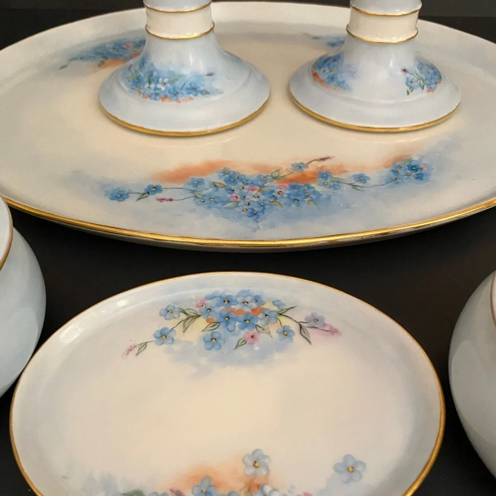 Vintage Haviland NV Hand Painted Dresser Set Of 6 Vanity Tray Porcelain Limoges